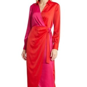 Anne Klein Vibrant Red and Pink Long Sleeve Dress